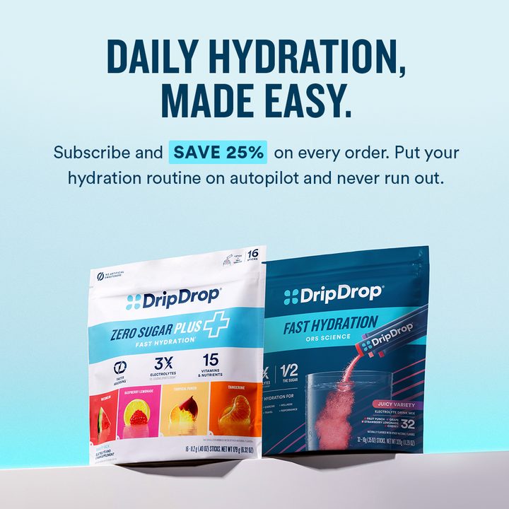 DripDrop subscribe and save 25 percent creative showing two product boxes