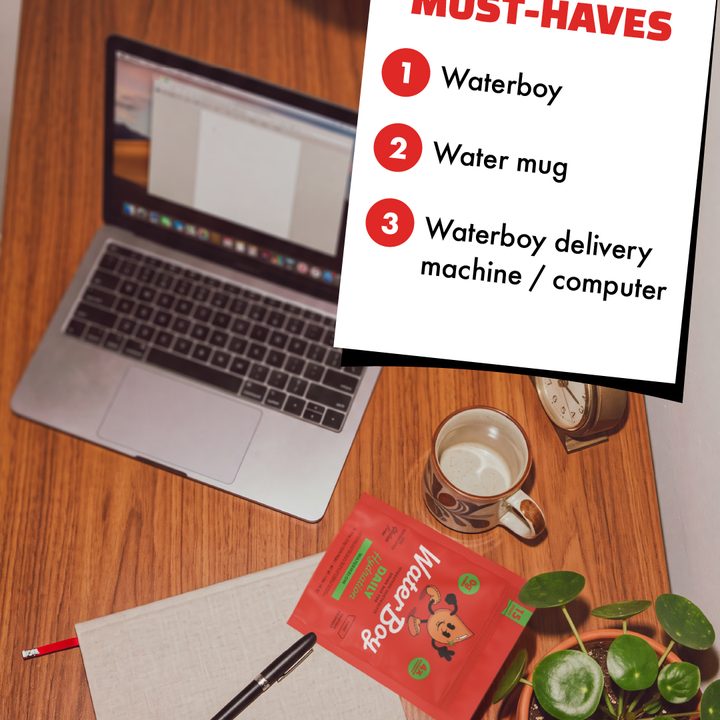 Desk scene with a handwritten must-haves list naming WaterBoy, a water mug and a laptop