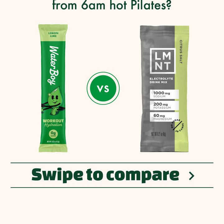 WaterBoy Workout stick shown side by side against an LMNT stick with a swipe to compare prompt