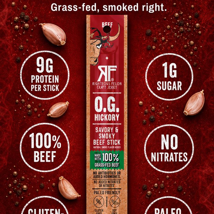 Righteous Felon O.G. Hickory beef stick surrounded by claim callouts: 9g protein, 1g sugar, 100% beef, no nitrates, gluten free, paleo