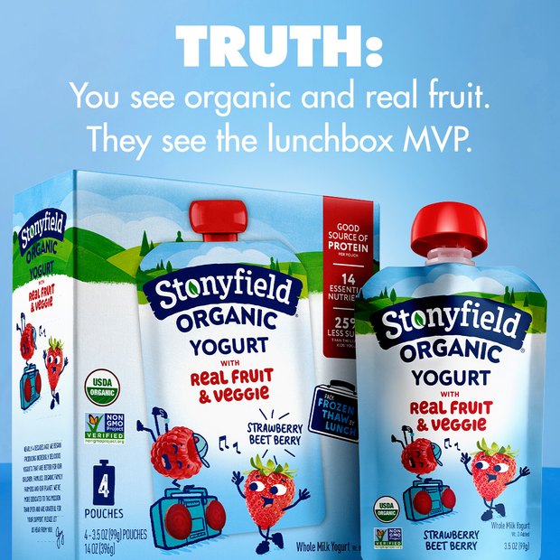 Stonyfield Organic paid social ad selling convenience and organic sourcing