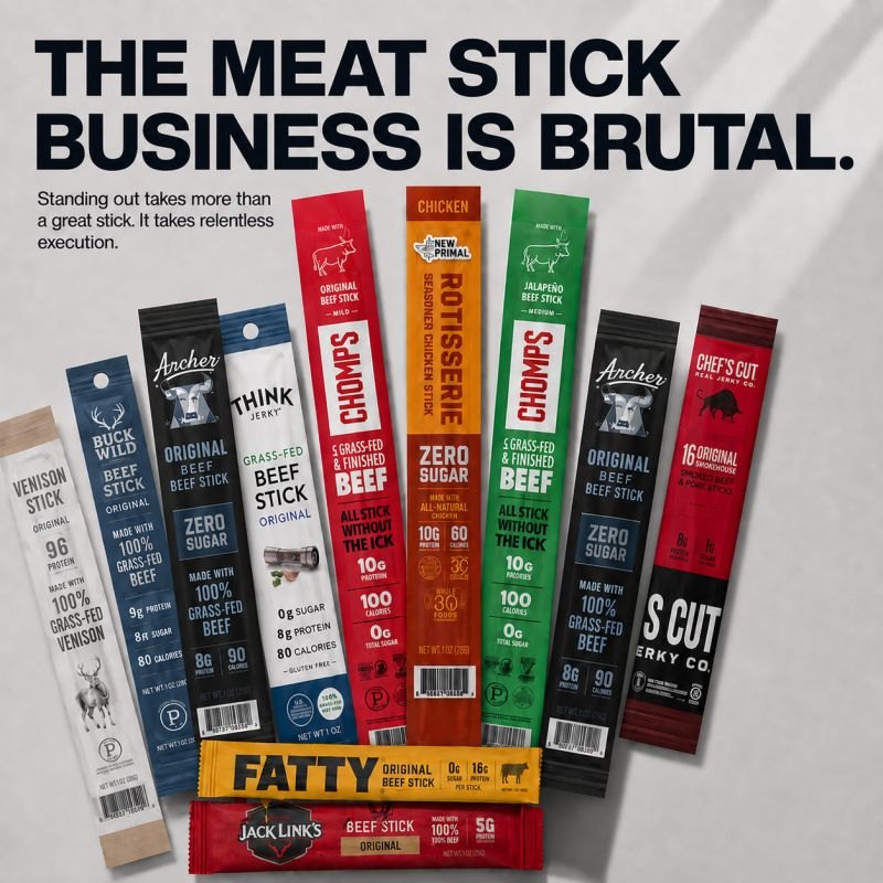 Fourteen meat stick and beef stick packages from Chomps, Archer, Jack Link's, Chef's Cut, The New Primal, Think Jerky, Buck Wild, Fatty and others laid out side by side