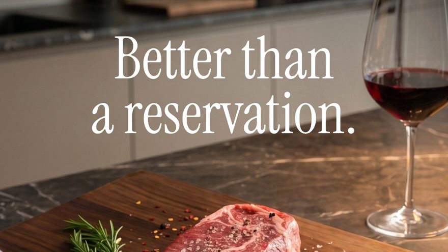 MeatWorks direct-to-consumer ad creative — a dry-aged ribeye plated with wine