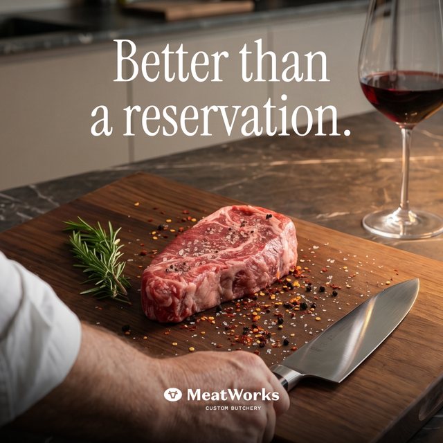 MeatWorks Co. Meta ad creative — a dry-aged ribeye on a board with the line Better than a reservation