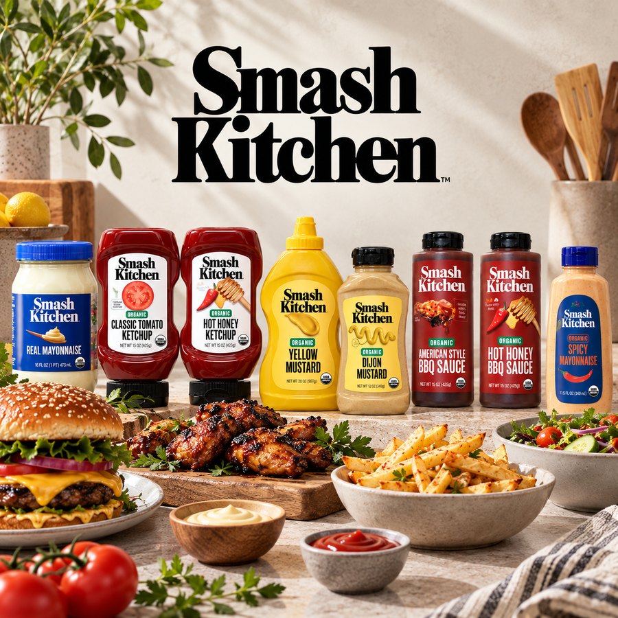 The Smash Kitchen line of organic ketchups, mustards, mayonnaise and barbecue sauces arranged on a kitchen counter beside a burger, wings, fries and salad