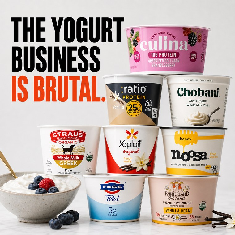 Nine US yogurt brands stacked in a pyramid beside a bowl of yogurt and berries, under the headline The Yogurt Business Is Brutal
