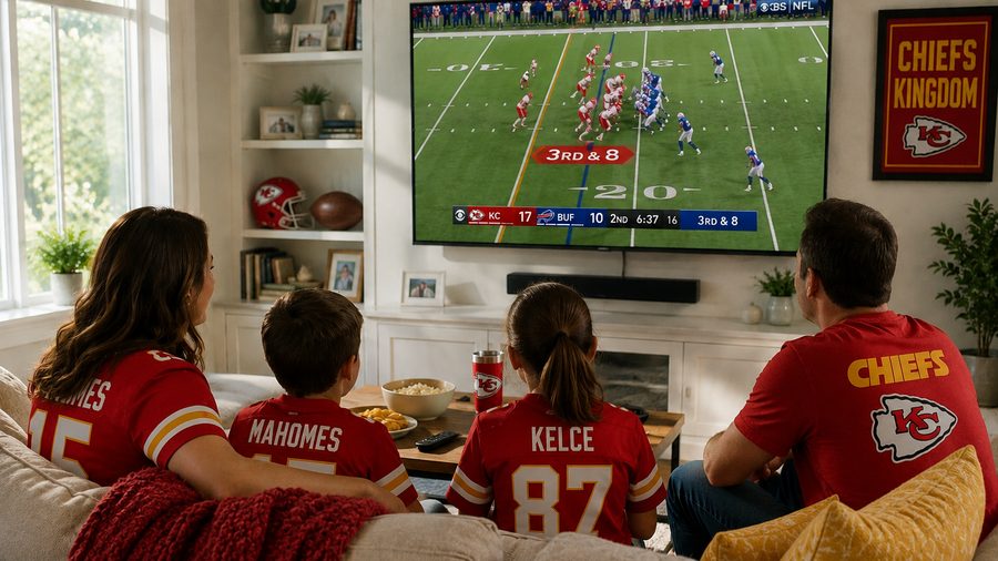 Family watching an NFL game together at home with food on the coffee table