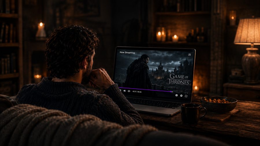 Viewer watching a prestige streaming series on a laptop in the evening