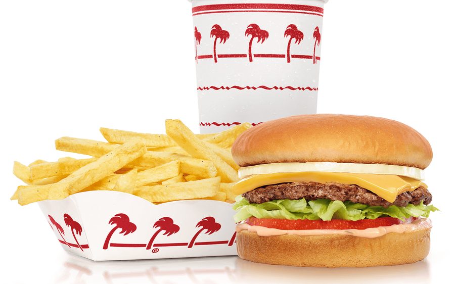 Quick-service restaurant meal — burger, fries and a drink