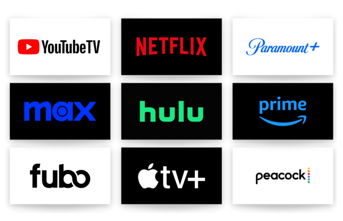 Streaming platforms: YouTube TV, Netflix, Paramount+, Max, Hulu, Prime Video, fubo, Apple TV+, Peacock