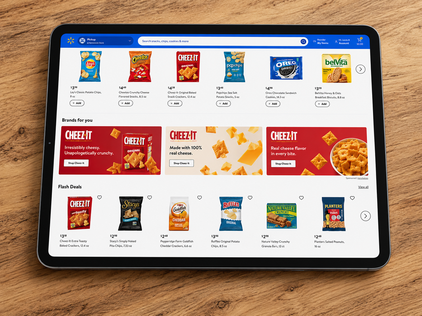 Walmart Onsite Display — Cheez-It Sponsored Brands banner on Walmart.com viewed on tablet