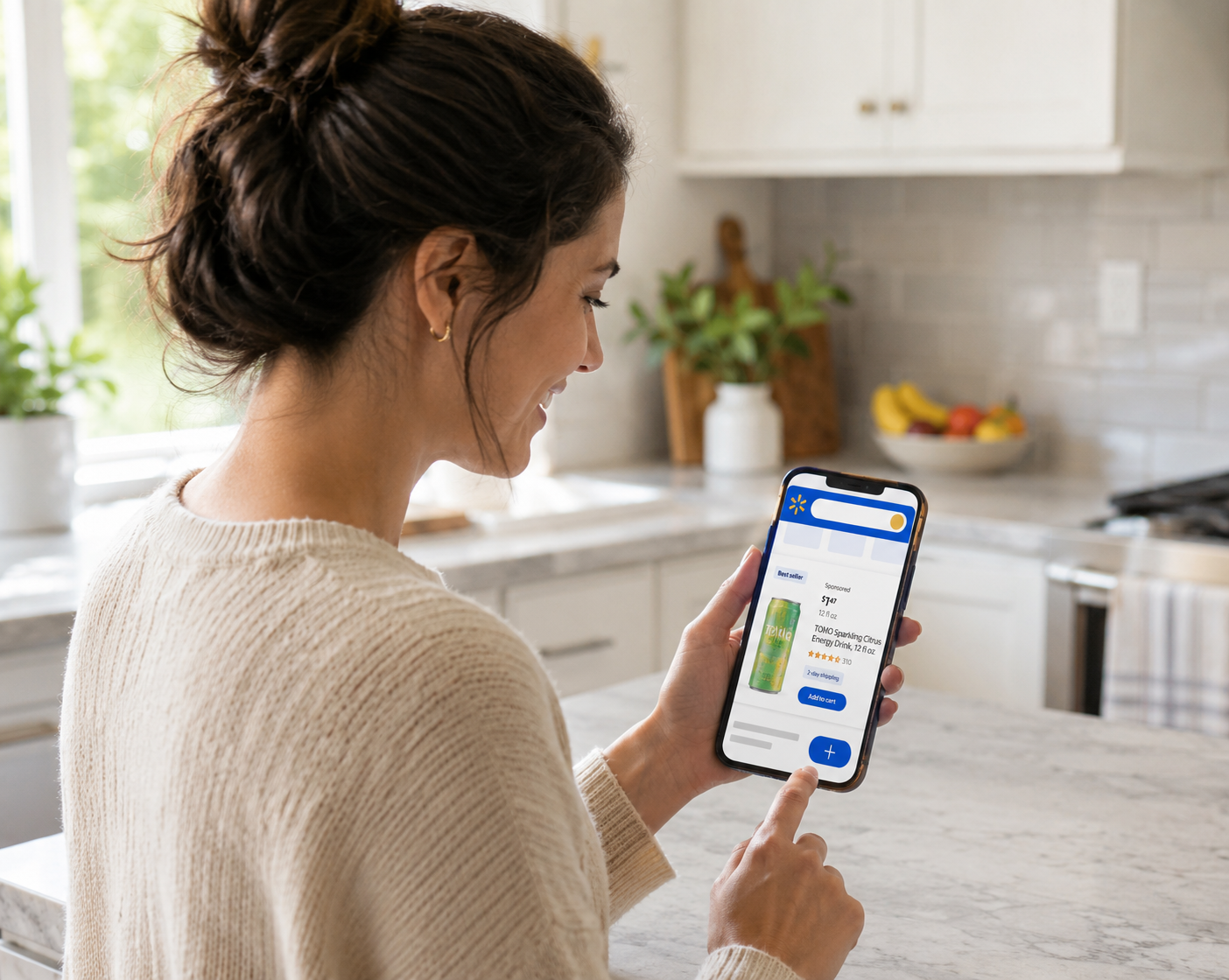 Walmart Sponsored Search — shopper browsing Walmart app with sponsored product result