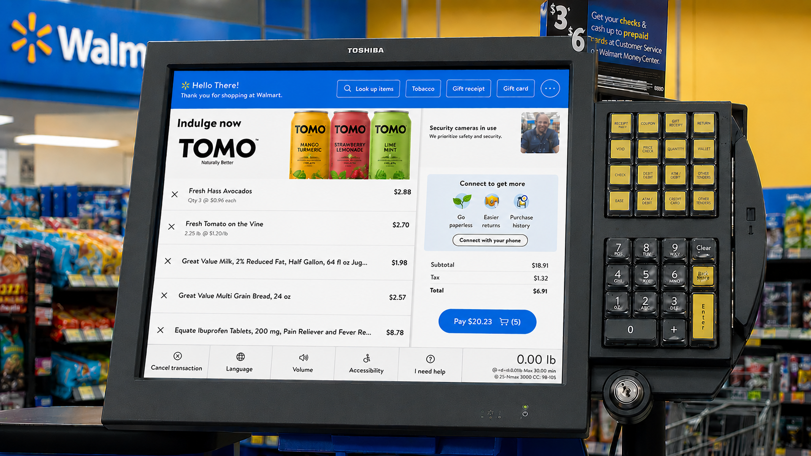 Walmart Store Ads — TOMO brand displayed on Walmart self-checkout screen